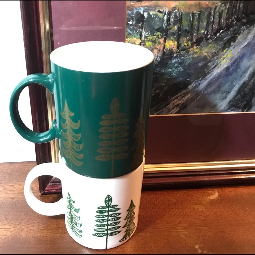 Set of Two Starbucks Christmas Mugs Green with Gold Trees White with Green Trees
